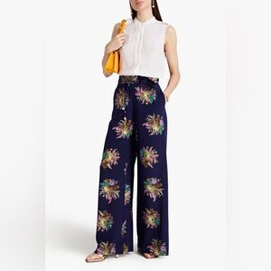 Zimmermann Navy Floral Silk Crepe Wide Leg Pants